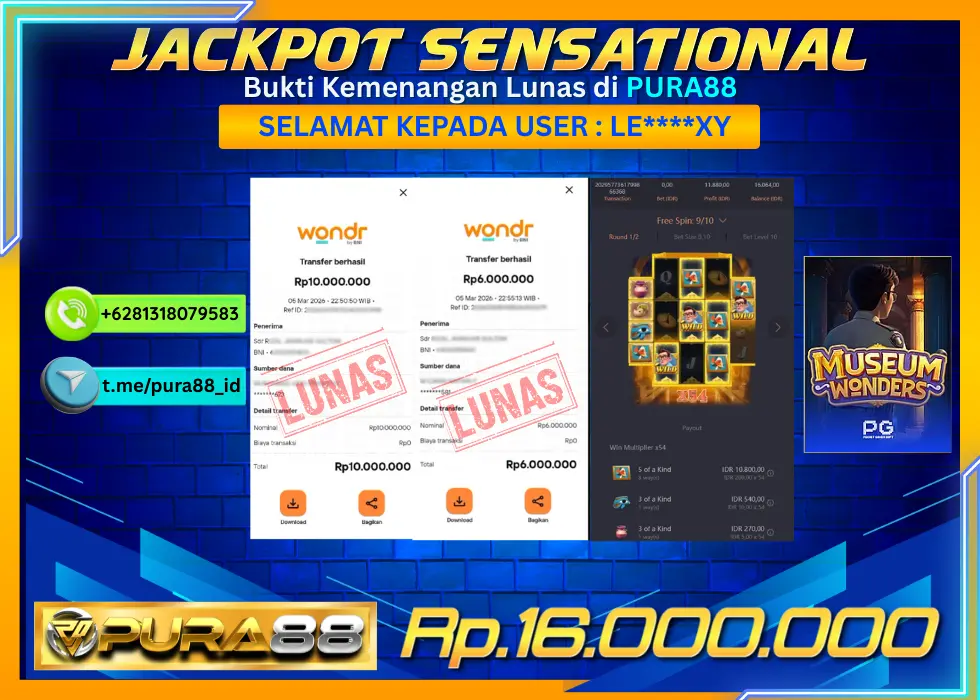 PURA88 JACKPOT MUSEUM WONDERS Rp 16.000.000,- LUNAS